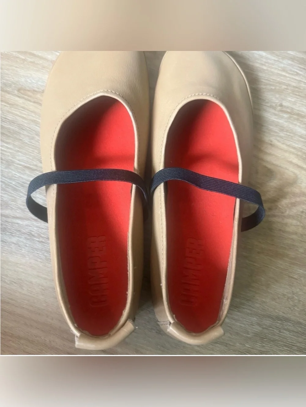Camper Tan Leather Mary Jane Flats with Black Strap and Red Insole